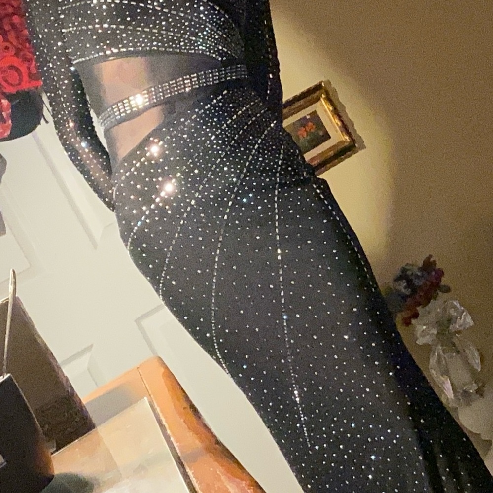 Glamorous Black Rhinestone Long Sleeve Dress